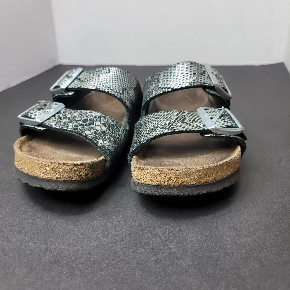 Birkenstocks Arizona Slide Double Strap Silver Snak Printed Sandals Size 6.5US
